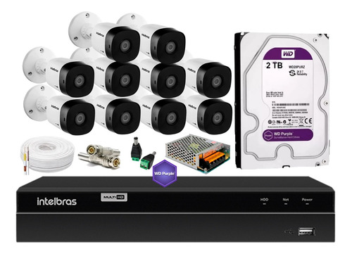 Kit 10 Cameras Intelbras 1120, Dvr 16 Canais 1216, Purple 2t