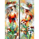 1 Par De Cuadros De Mujer Con Sombrero Y Flores. Oleo.
