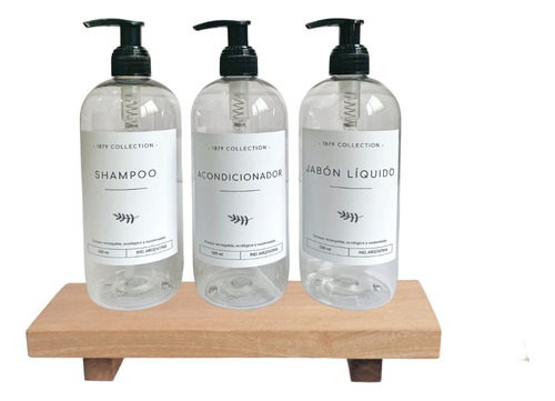 Set Dispenser Plastico Shampoo+acond+jabon Liq+tabla Madera