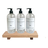 Set Dispenser Plastico Shampoo+acond+jabon Liq+tabla Madera