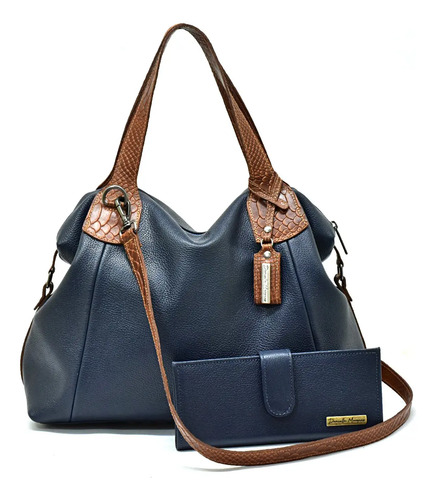 Bolsa Feminina Grande Couro Legitimo Macio 2alças + Carteira