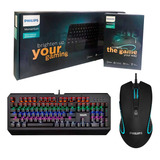 Kit Teclado Mecânico E Mouse Gamer C/fio Usb Led Rgb Philips