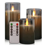 Velas Led Sin Llama De Vidrio Gris Con Control Remoto, 3 Pzs