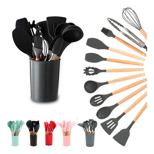 Kit 12 Colheres De Cozinha Em Silicone Com Cabo Em Madeira