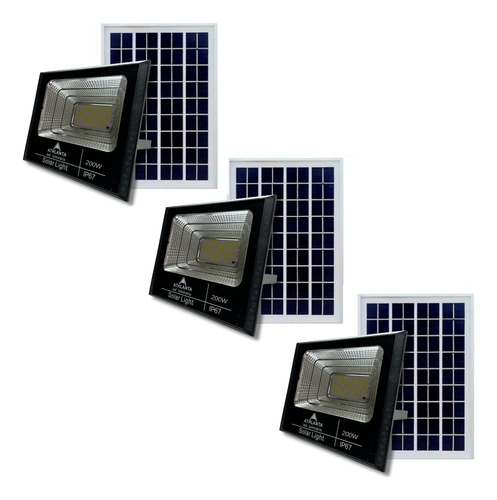 Kit 3 Refletor 200w Placa Solar Para Área Externa Controle