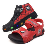 Kit Sandalia Papete Led Infantil Masculino Aranha Botinha