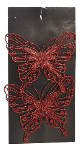 Enfeite Decorativo Conjunto 2 Borboleta Glitter Árvore Natal Cor Vermelho