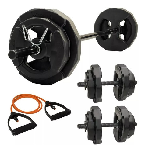 Kit Set Barra + 2 Mancuernas + 30 Kg Discos Premium Fitnesas