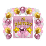 Kit Decoración Globos Metálicos Cortina Para Bautizo Dorado Color Rosa