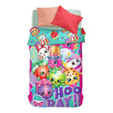 Acolchado Piñata Shopkins Hooray 1 1/2 Plaza Diseño Sublimado Color Rosa Y Verde De 145cm X 240cm