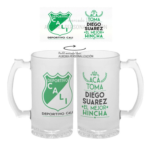 Mug Cervecero Taza Deportivo Cali Nombre Vidrio Opalizado