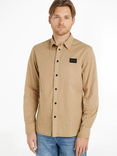 Camisa Manga Larga Con Logo Beige Calvin Klein