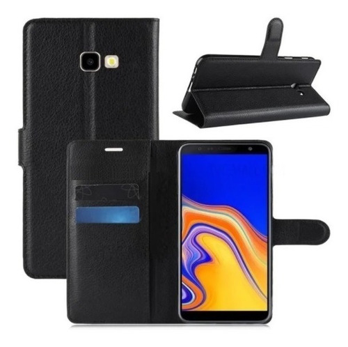 Capa Capinha Carteira Flip Couro Preto Para Galaxy J4 Plus