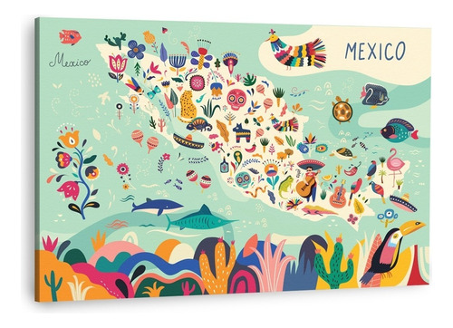 Cuadro Canvas Arte Mexicano Mapa México Decorativo Grande Color Multicolor Armazón Bastidor De Madera