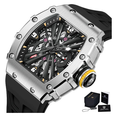 Reloj ejecutivo Pagani Design PD1738 color Negro para hombre Diseño de esqueleto cuadrado, caja plateada, reloj japonés VH65, fecha automática | Envío gratis