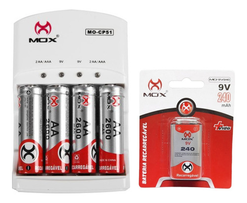 4 Pilhas Aa + 1 Bateria 9v Recarregável + Carregador Mox
