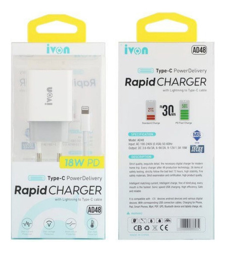 Cargador Carga Rapida 18w + Cable Para iPhone Ivon