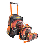 Kit Mochila Rodinhas Escolar Infantil Dinossauro Rex Morcego