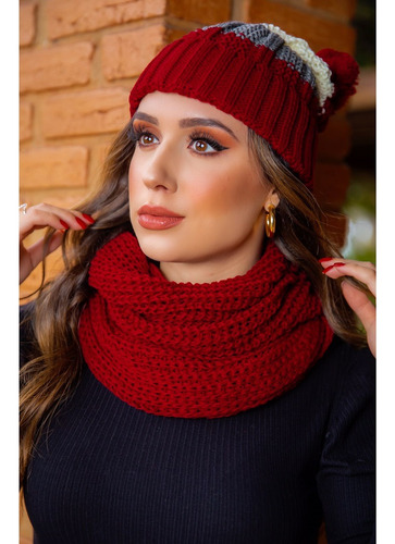 Conjunto Touca Gorro Listrado C/ Cachecol Gola Frio Inverno