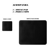 Mousepad Couro Preto Office 70x30 Cm + Suporte Copo