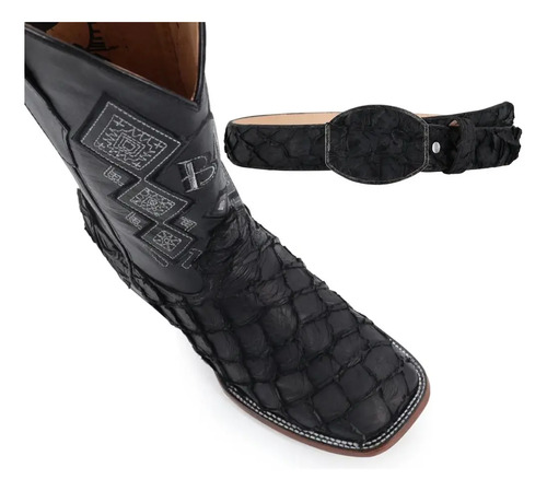 Combo Bota Y Cinto Vaquero Caballero Piel Pescado Pirarucu