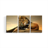 Reloj De Pared Cuadro Triptico Moderno Leon Animal Rey Selva