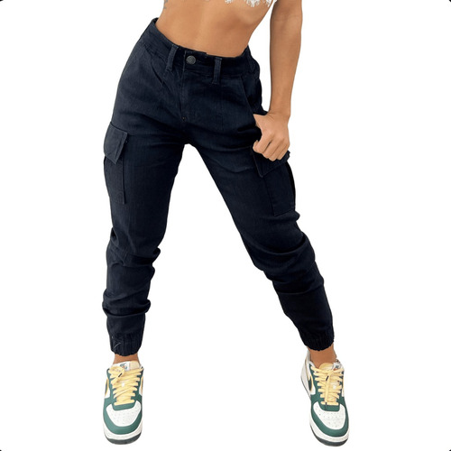 Calça Cargo Jogger Jeans Feminina Com Lycra Cintura Alta 
