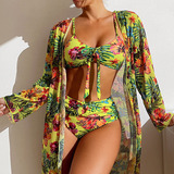 1 Conjunto Mujer Saidas Praia Kimono + Bikini Floral