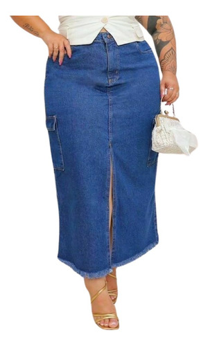Saia Longa Cargo Feminina Jeans Bolsos Plus Size