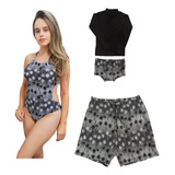 Maiô Cropped Mãe Conjunto Proteção Uv Infantil E Bermuda Pai