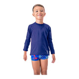 Kit De Sunga Boxer Infantil Blusa Proteção Solar Uv50+ Azul