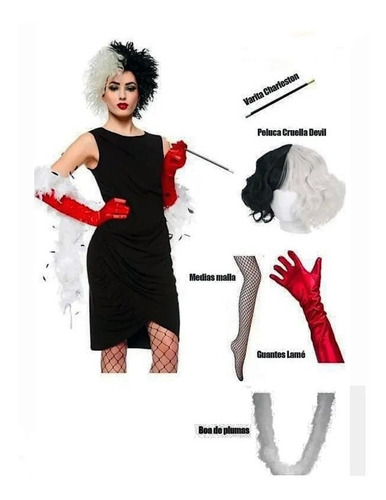 Kit Disfraz Cruella Peluca Guantes , Cigarro, Medias, Plumas