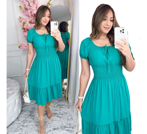 Vestido Feminino Midi Curto Com Lastex Ciganinha Evangélica 