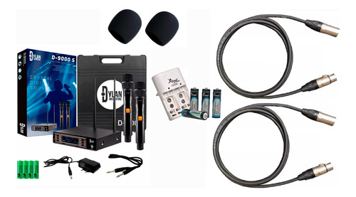 Microfone S/ Fio Uhf D9000s Duplo Mão+cabos+carregador