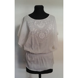 Blusa Vintage Mujer Blanca Cintura Fruncida Bordada T.l