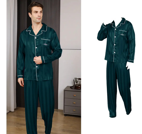 Conjunto De Pijama De Rayas De Seda Verde Oscuro | Meses sin interés