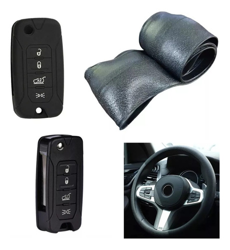 Cubre Volante + Funda Llave Silicona - Jeep 4 Botones Negro