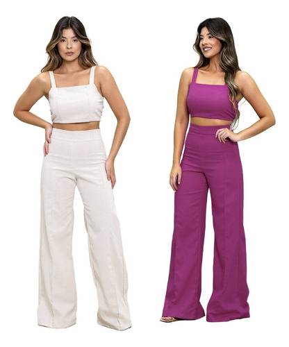 Kit 2 Conjuntos Femininos Blusa Cropped Calça Flare Wide Leg