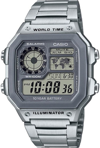 Reloj De Pulsera Casio Digital Ae-1200 De Cuerpo Color Plateado, Digital, Fondo Gris, Con Correa De Acero Inoxidable Color Plateado, Dial Negro, Subesferas Color Gris Y Negro, Minutero/segundero Negro