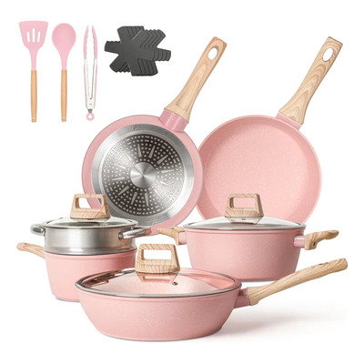 GMISUN 16 Piezas Batería De Cocina De Utensilios Antiadherentes Ollas Y Sartenes Medical Stone Compatible Con Inducción Gas Rosa | Envío gratis