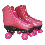 Patins Roller Skate Ajustável Rosa Glitter 4 Rodas 35 A 38