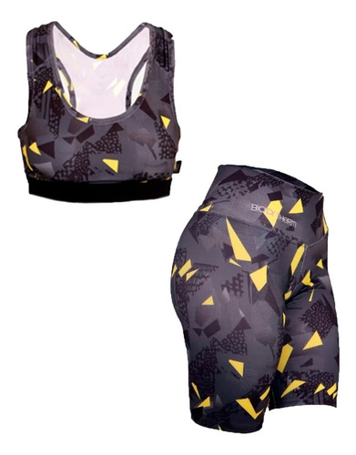 Conjunto Deportivo Calza Biker + Top Estampado Liso Gym 