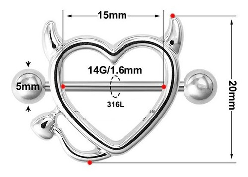 (2 Peças) Piercing Mamilo Coração Devil 1.6mm Par