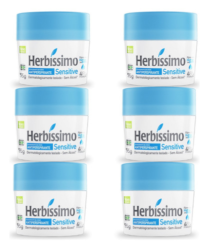 Kit 6 Desodorantes Herbíssimo Creme Sensitive Sem Álcool 55g