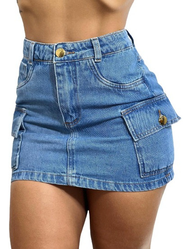 Mini Saia Jeans Cargo Feminina Cintura Alta Empina Bumbum