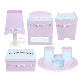 Kit Higiene Porcelana Para Bebê Em Madeira Cor Rosa Menina