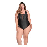 Maiô Body Plus Size Tradicional Detalhe Tule No Decote Preto