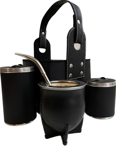 Set Matera Canasta Cuero Premium + Mate + Bombilla + Yer/azu