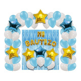 Kit Decoración Bautizo Globos Estrellas Cortina Azul Oro