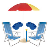 Kit 2 Cadeiras De Praia 2 Mesas C/ Guarda-sol E Saca-areia 